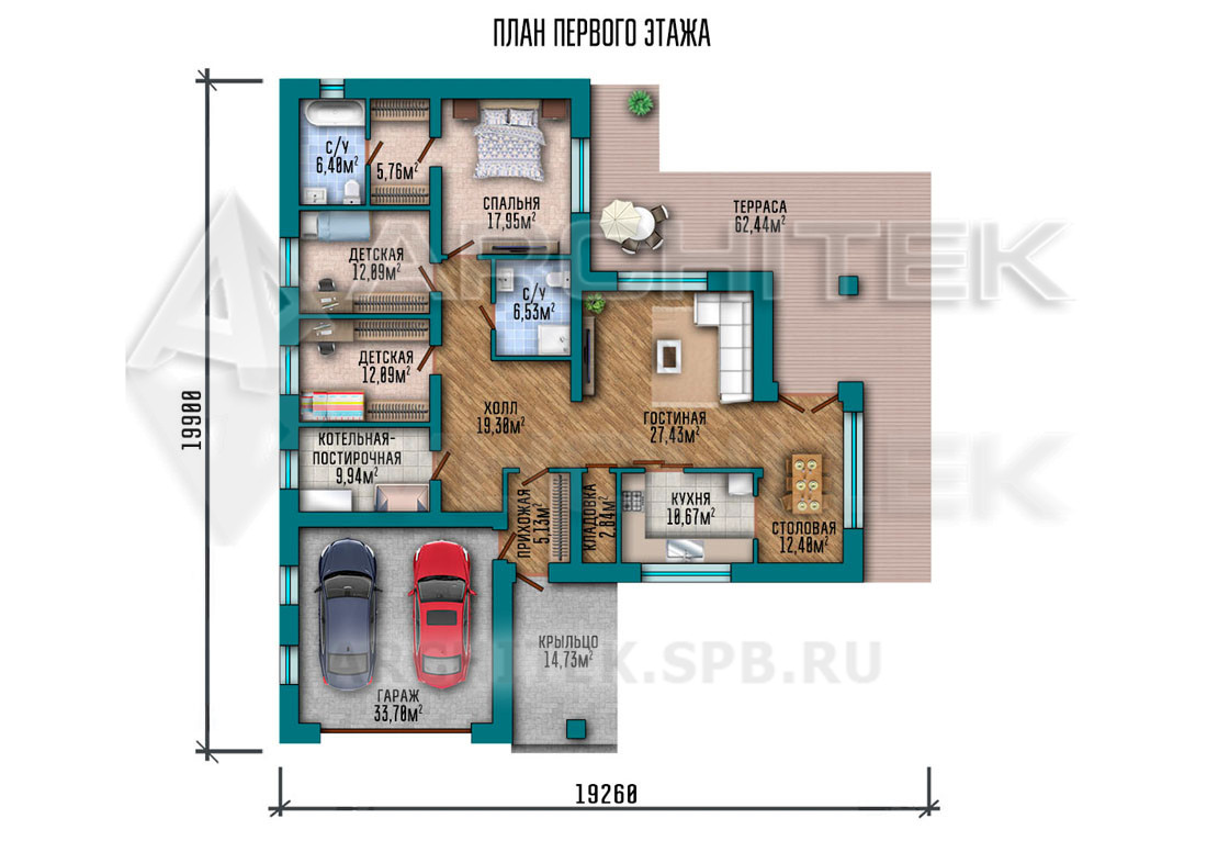 VR-269-P/1 проект 1-этажного дома из пеноблоков с гаражом на 2 авто, террасой 19х20