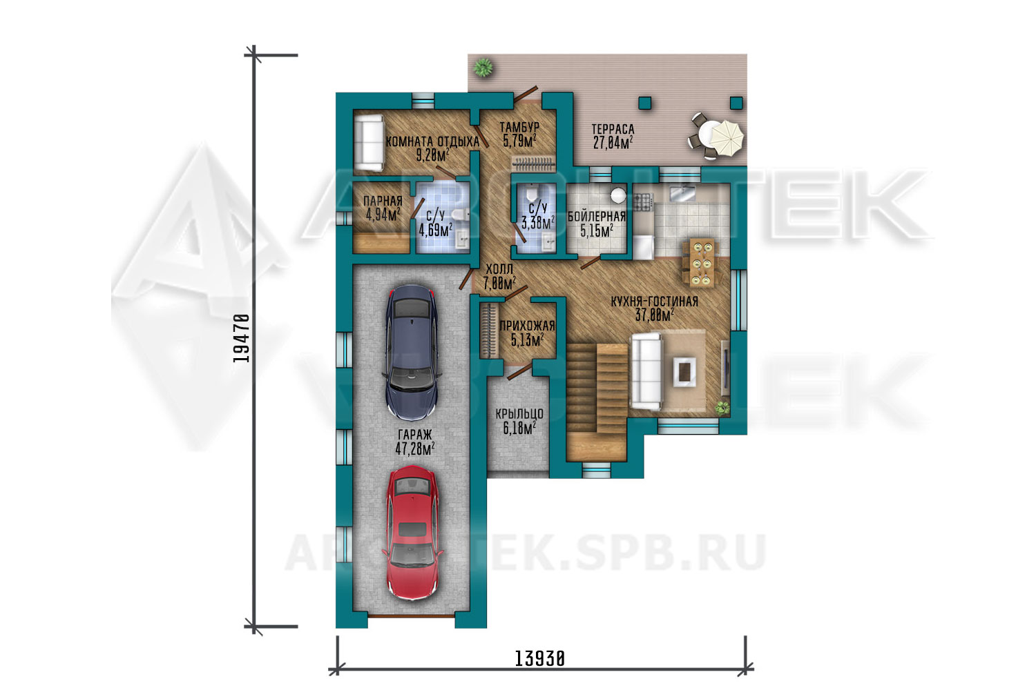 VR-271-P проект 2-этажного коттеджа 13.9×19.5 из газобетонных блоков с гаражом, сауной, террасой