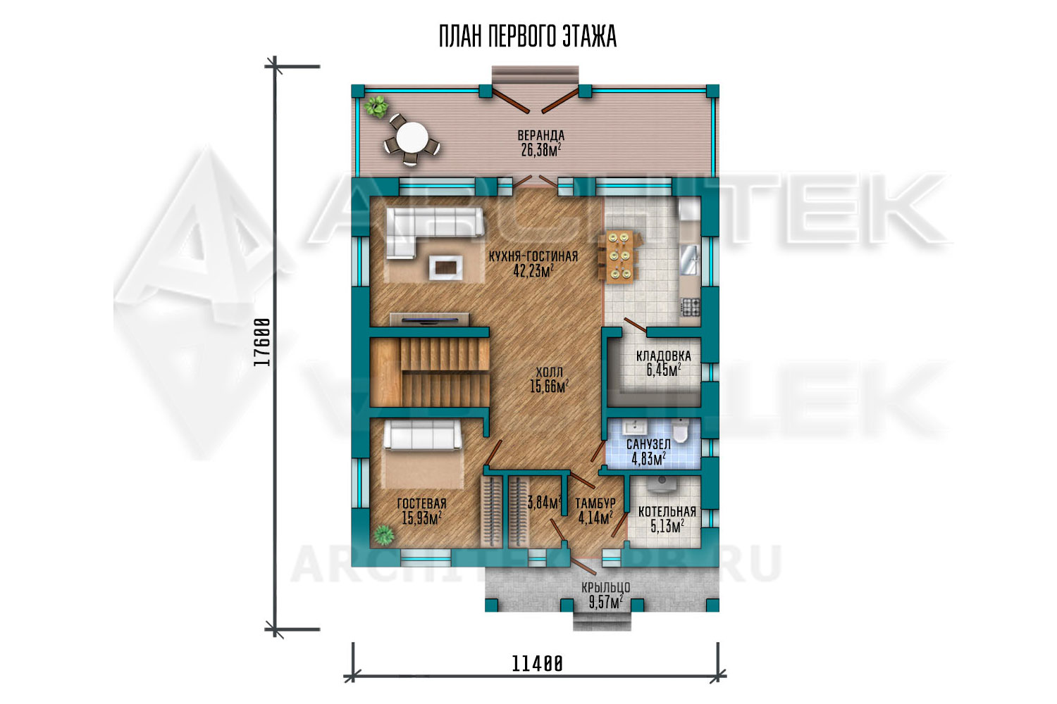 VR-274-P/1 проект 2-этажного коттеджа 12.8×15.15 из пеноблоков с верандой 11.4×17.6