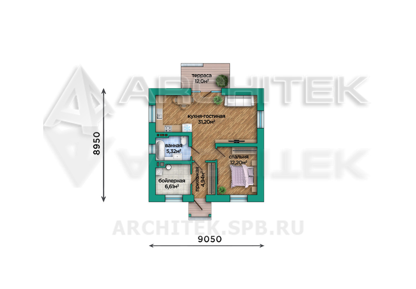VR-278-P/1 Проект простого маленького дома из газобетона с террасой 9х9