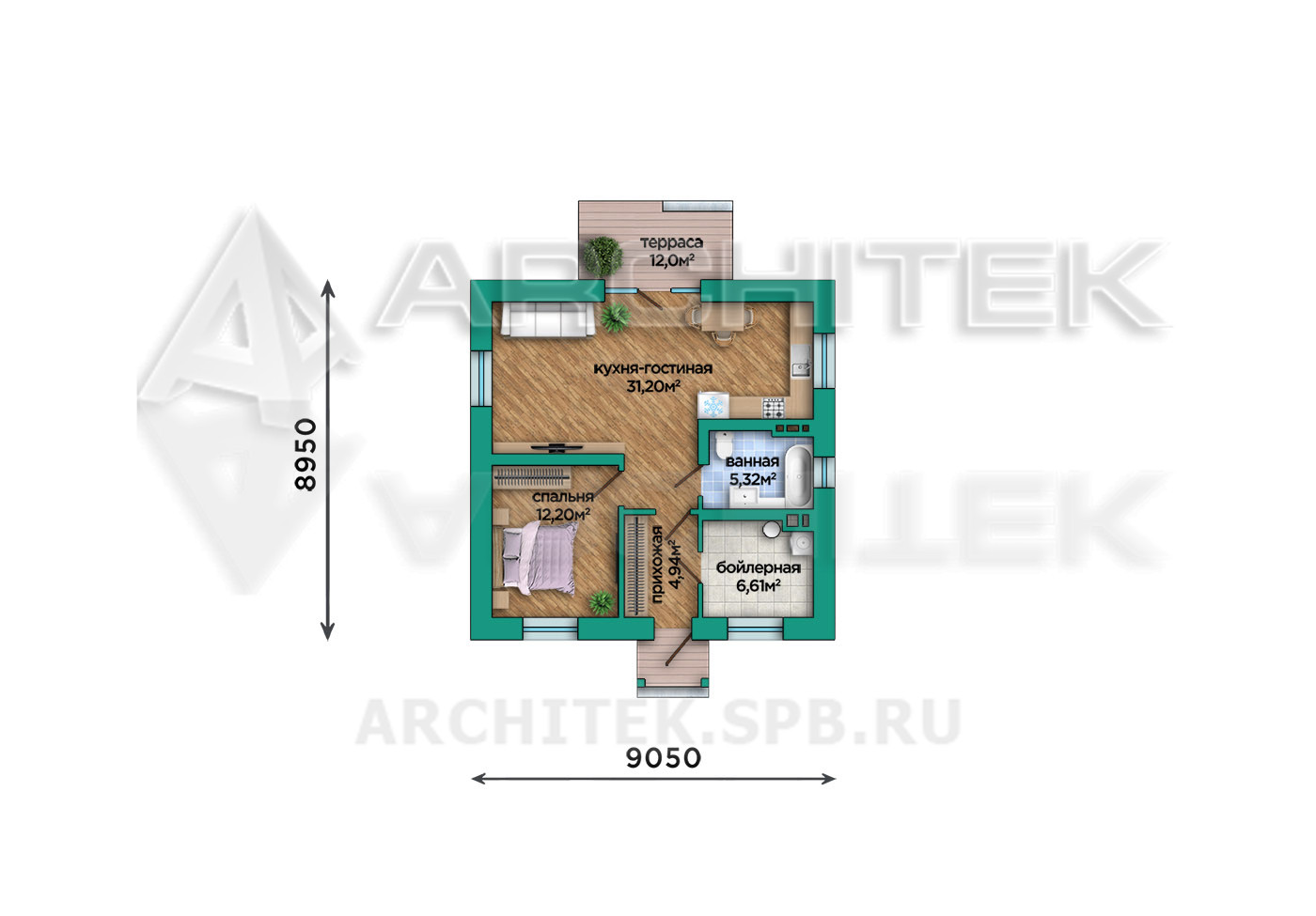 VR-278-P Проект маленького дома из газобетонных блоков с террасой 9х9