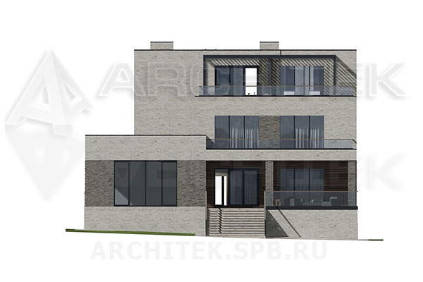 VR-279-K проект 3-этажного дома из кирпича с плоской крышей, подвалом, бассейном, террасой и балконом 17.68×26.45