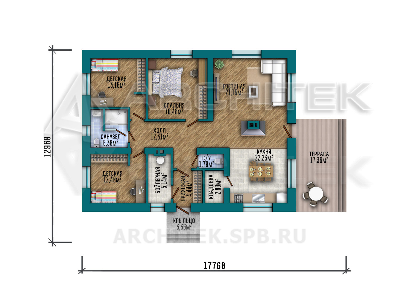 VR-281-K/1 Проект небольшого простого 1-этажного дома из кирпича с террасой 13х18