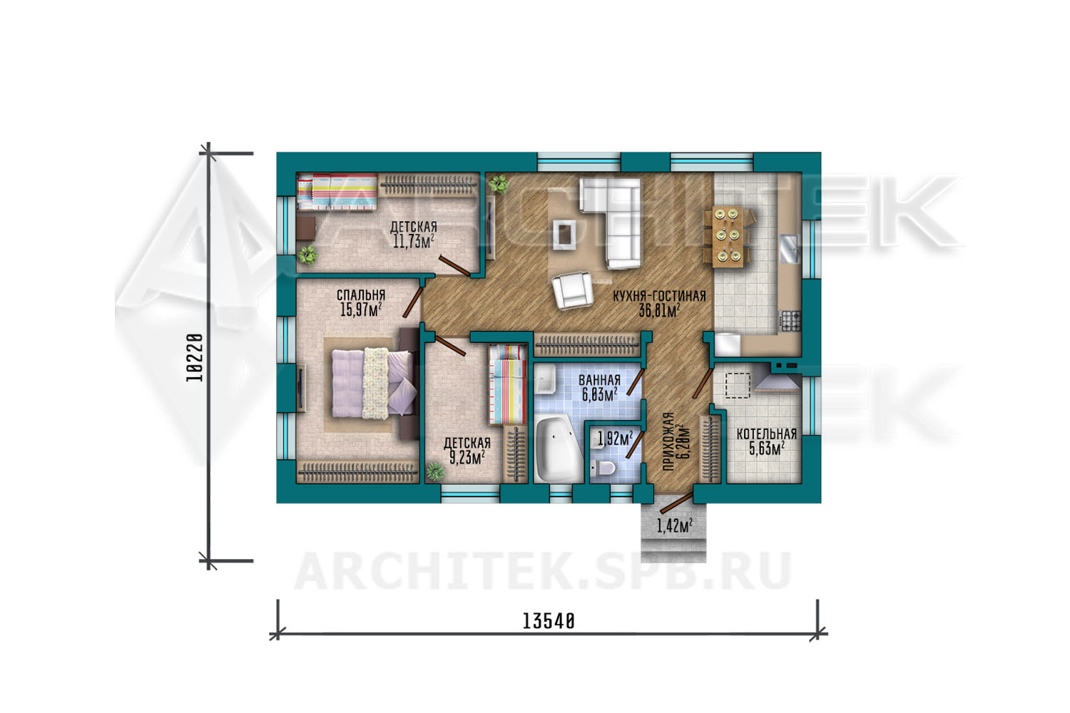 VR-291-P/1 проект маленького 1-этажного коттеджа из газобетона 13.54×10.22