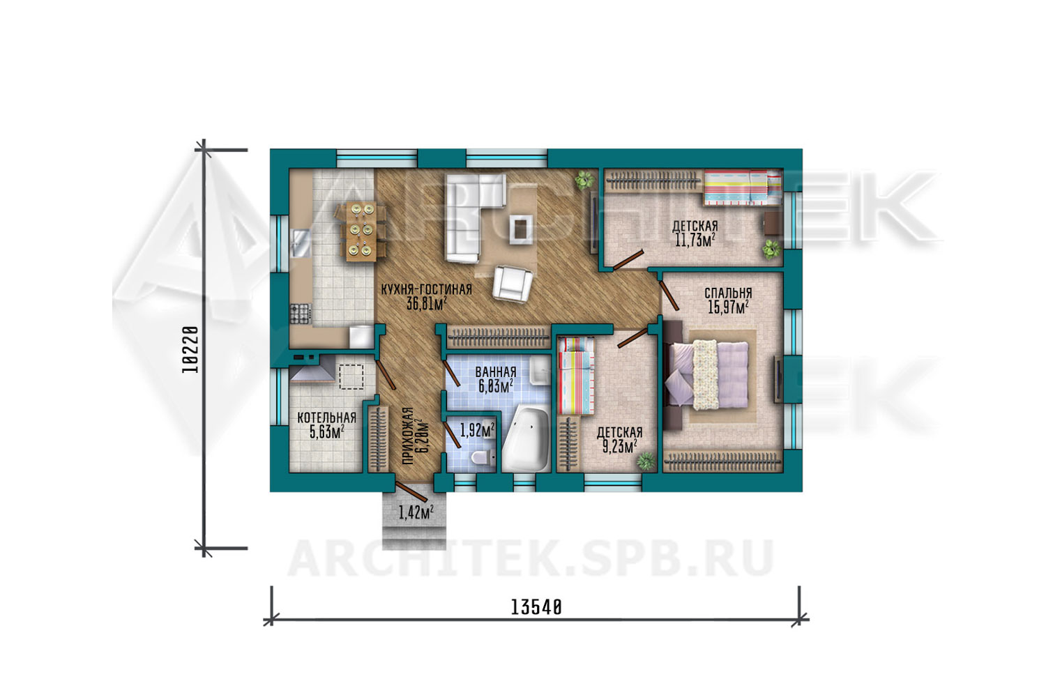 VR-291-P проект небольшого одноэтажного дома 13.54×10.22 из пеноблоков