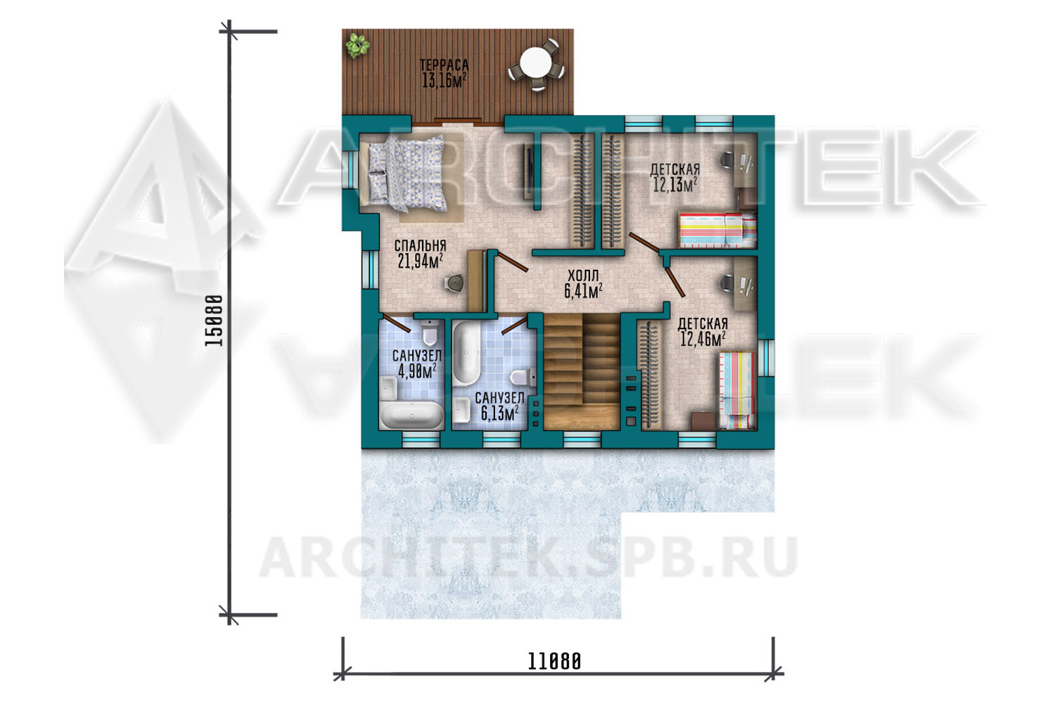 VR-292-P проект современного двухэтажного дома из газобетона с плоской кровлей, автомобильным навесом 11х15