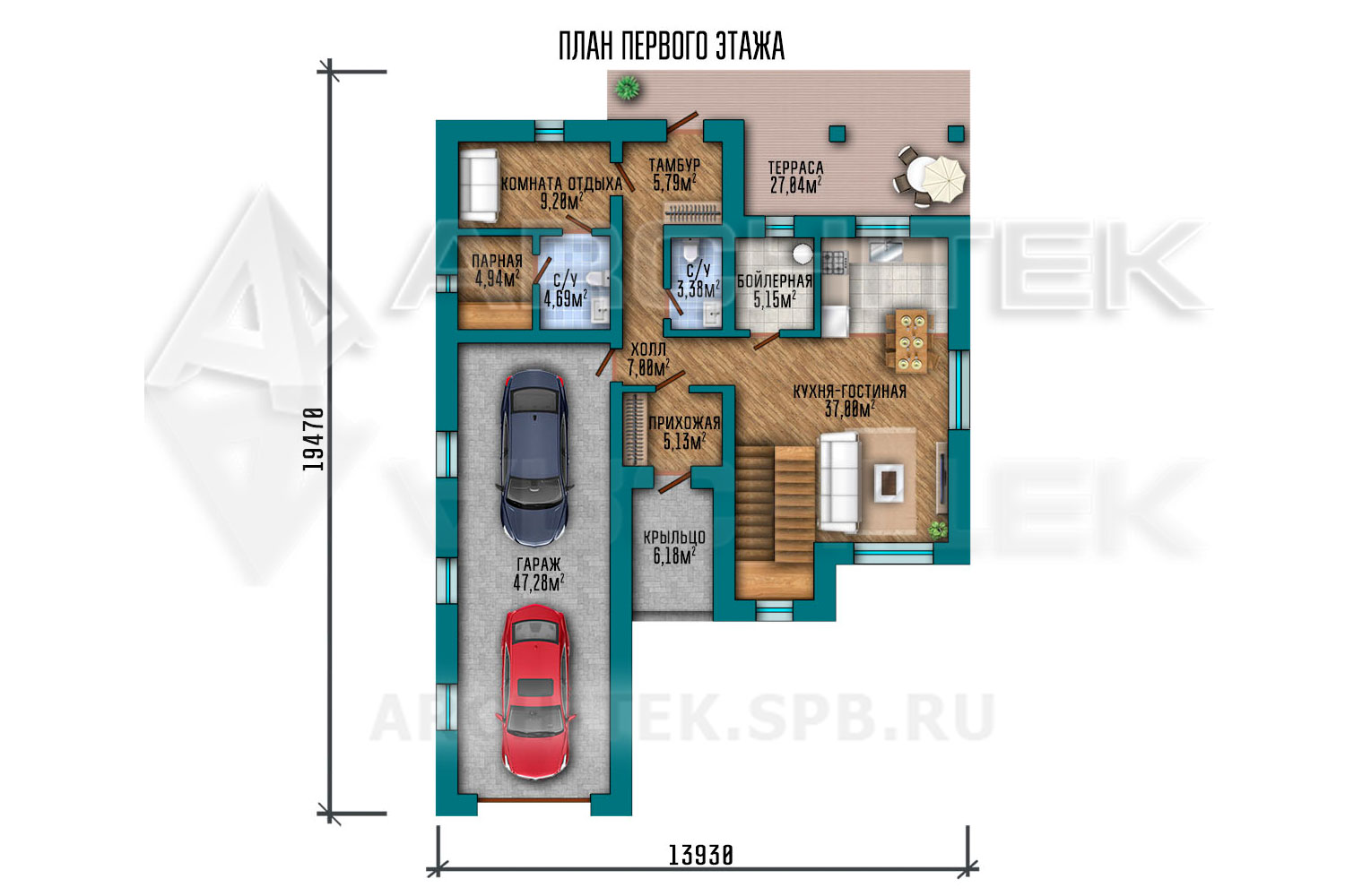 VR-300-P проект двухэтажного дома из пеноблоков 13.93×19.47 с гаражом, террасой и парной