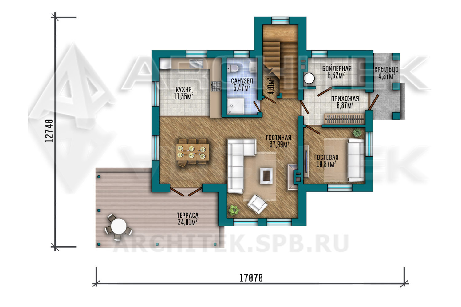 VR-318-P проект дома из газобетона с мансардным этажом, террасой, эркером, балконом 12.7х17