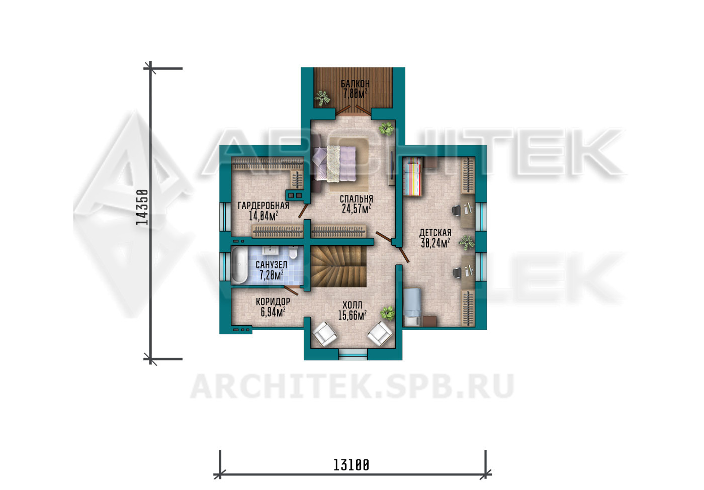 VR-319-P/1 Проект дома из газобетона с мансардой, террасой, балконом 13.1х19.5