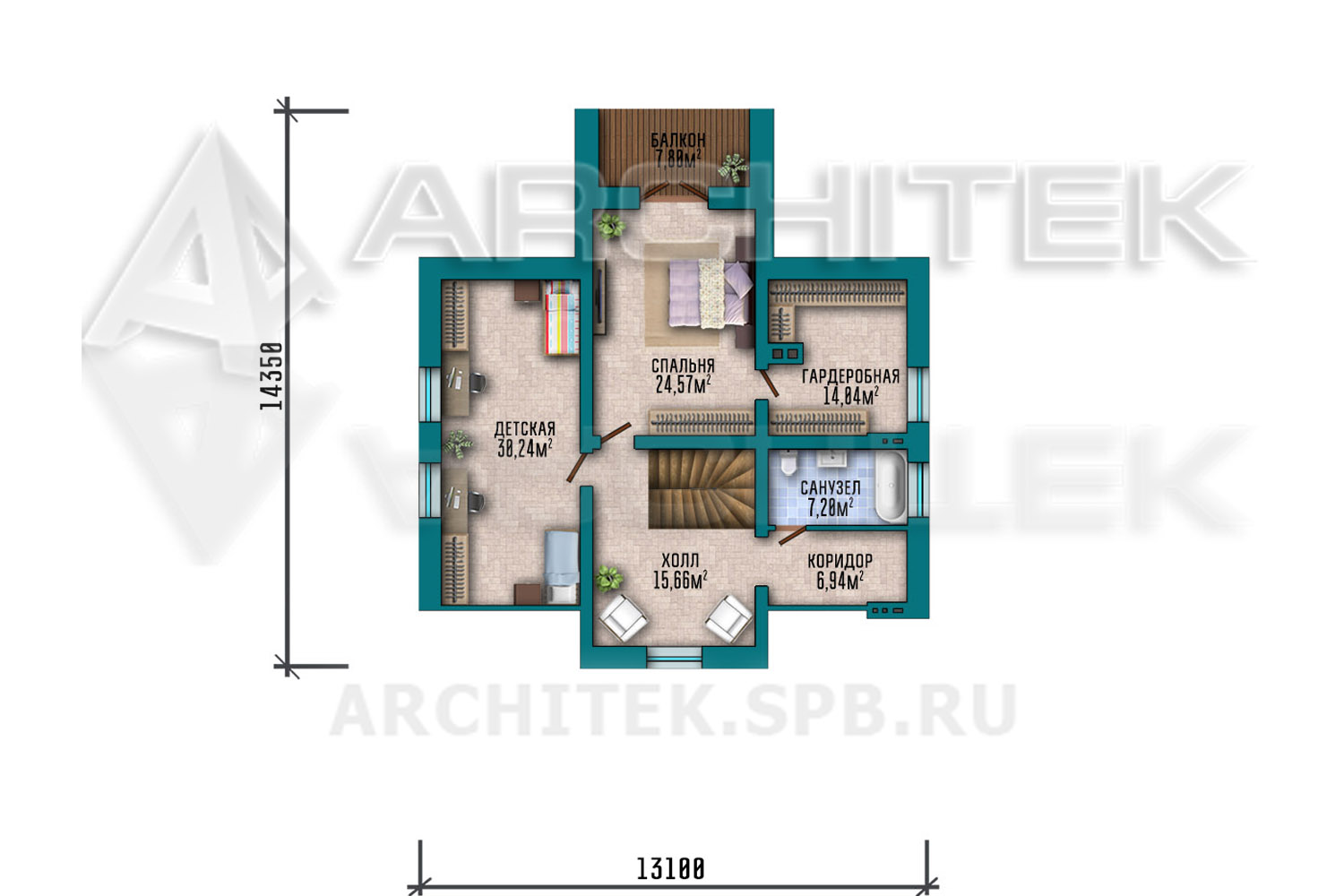 VR-319-P проект дома из газобетона с мансардой, террасой, балконом 13.1х19.5