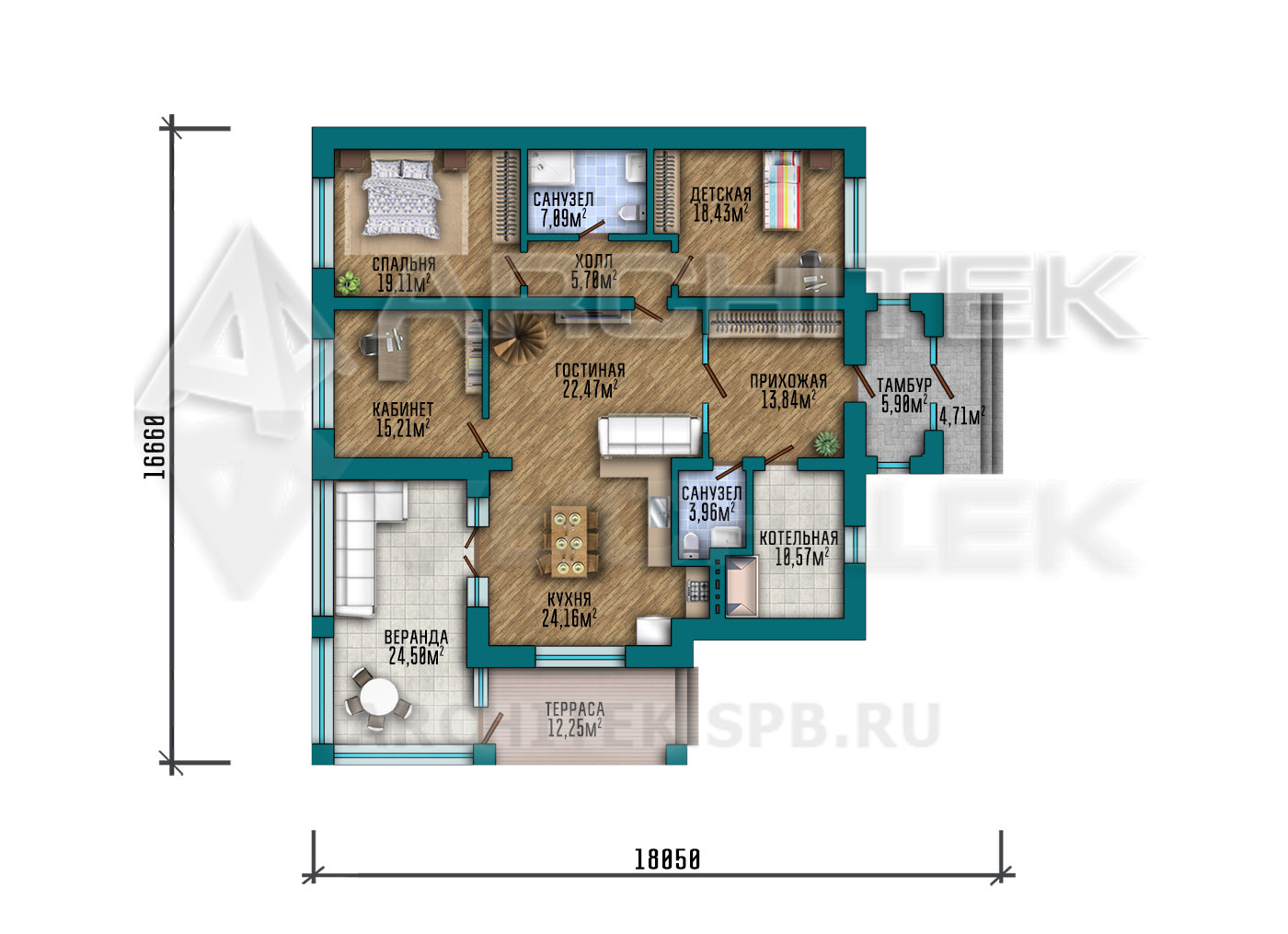VR-328-P/1 Проект дома из газобетона с мансардой, верандой и террасой 17х18