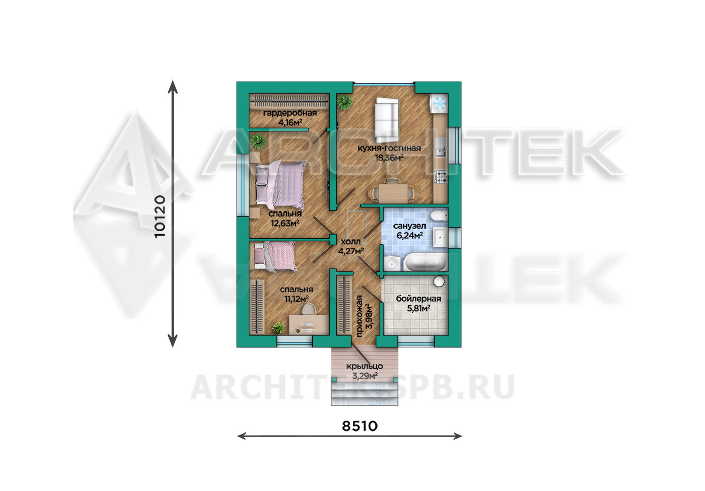 VR-329-P/1 Проект компактного дома из газобетона с террасой 8.5х10