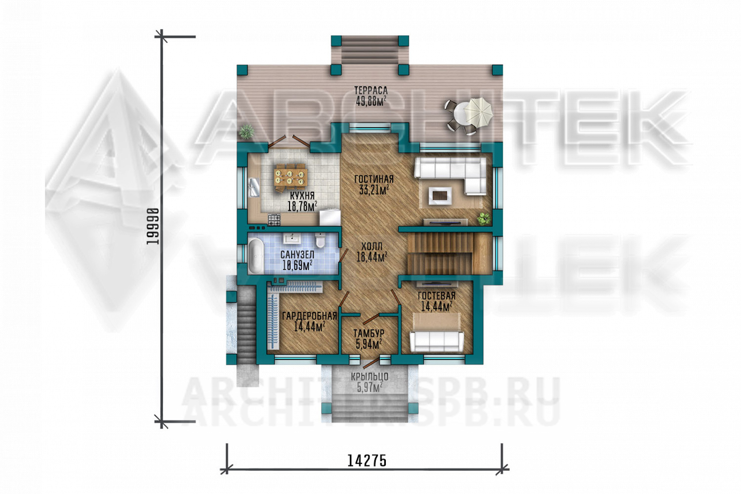 VR-331-P проект дома из газобетона в стиле Райта с цокольным этажом, вторым светом, эркером, террасой 14х20