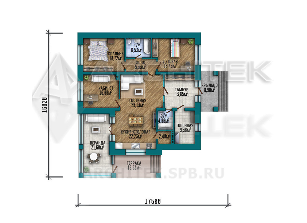 VR-333-P/1 Проект одноэтажного дома из газобетонных блоков с верандой и террасой 17.5х16.8
