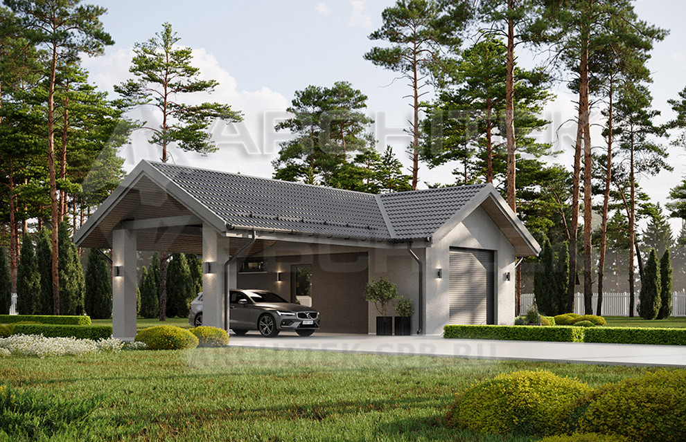 VR-421-K/1 Проект кирпичного гаража 38 м² с навесом12.3х9.4