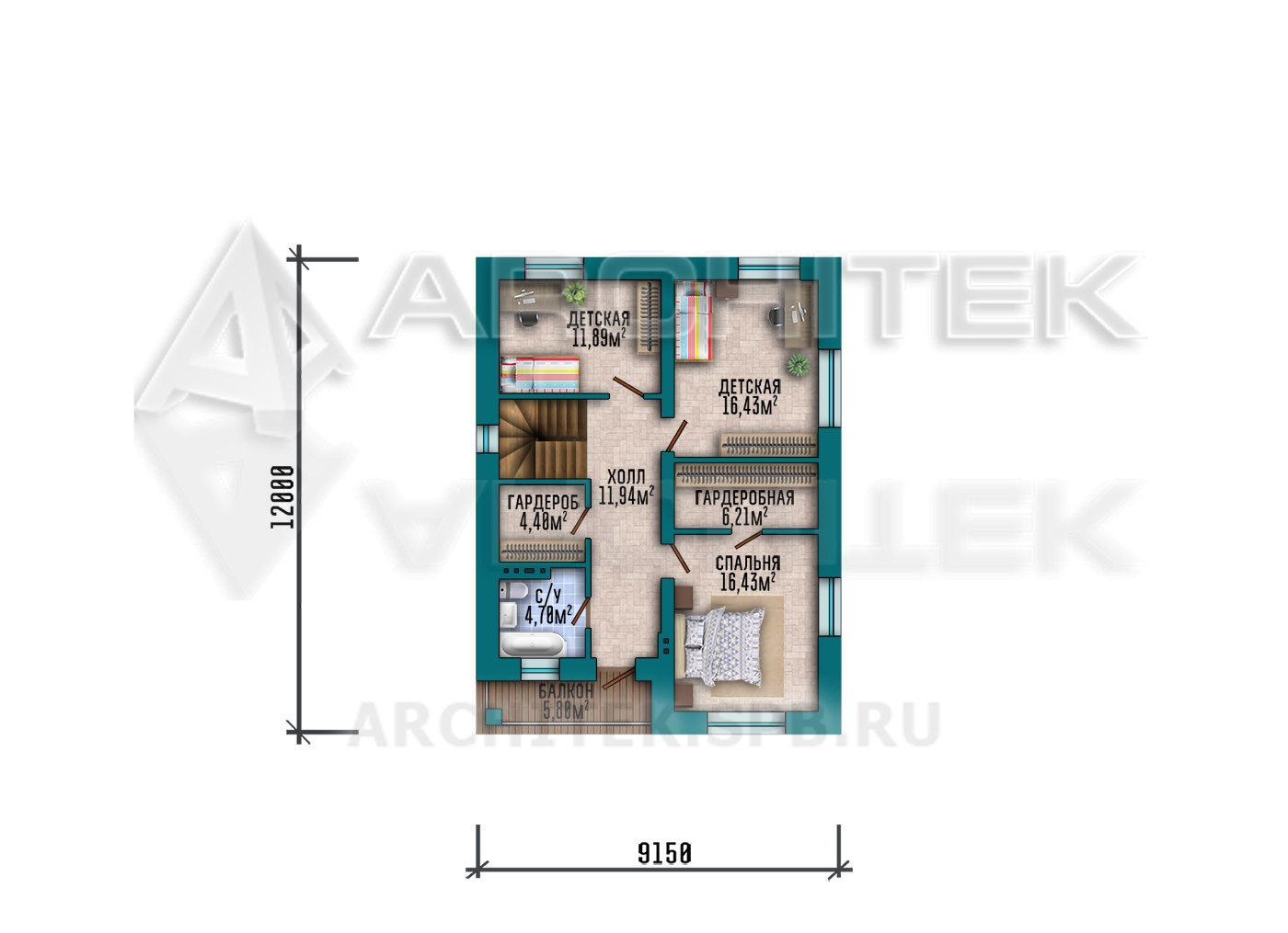VR-423-P/1 Проект 2х-этажного дома из газобетона с балконом и террасой 9.15х15.6