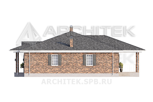 VR-426-P/1 Проект 1-этажного дома 17.35×16.65 из пеноблоков с гаражом и большой террасой
