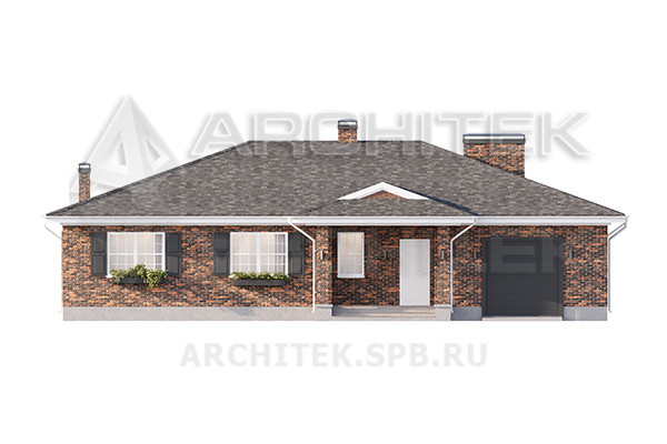 VR-426-P Проект одноэтажного коттеджа 17.35×16.65 из газобетона с гаражом и большой террасой