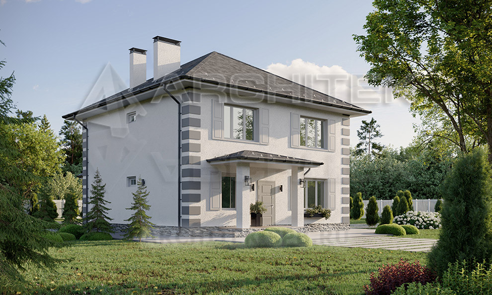 VR-432-P/1 Проект двухэтажного простого коттеджа из пеноблоков с большой террасой 10х14.76