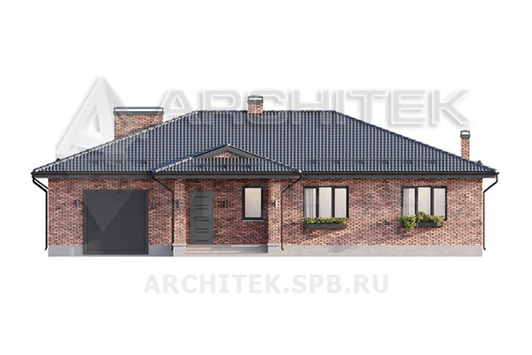 VR-434-P/1 Проект одноэтажного коттеджа 17.35×16.65 из газобетона с гаражом и большой террасой