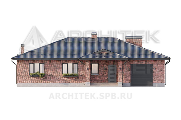 VR-434-P Проект одноэтажного коттеджа 17.35×16.65 из газобетона с гаражом и большой террасой