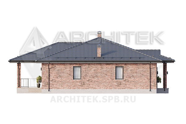 VR-434-P Проект одноэтажного коттеджа 17.35×16.65 из газобетона с гаражом и большой террасой
