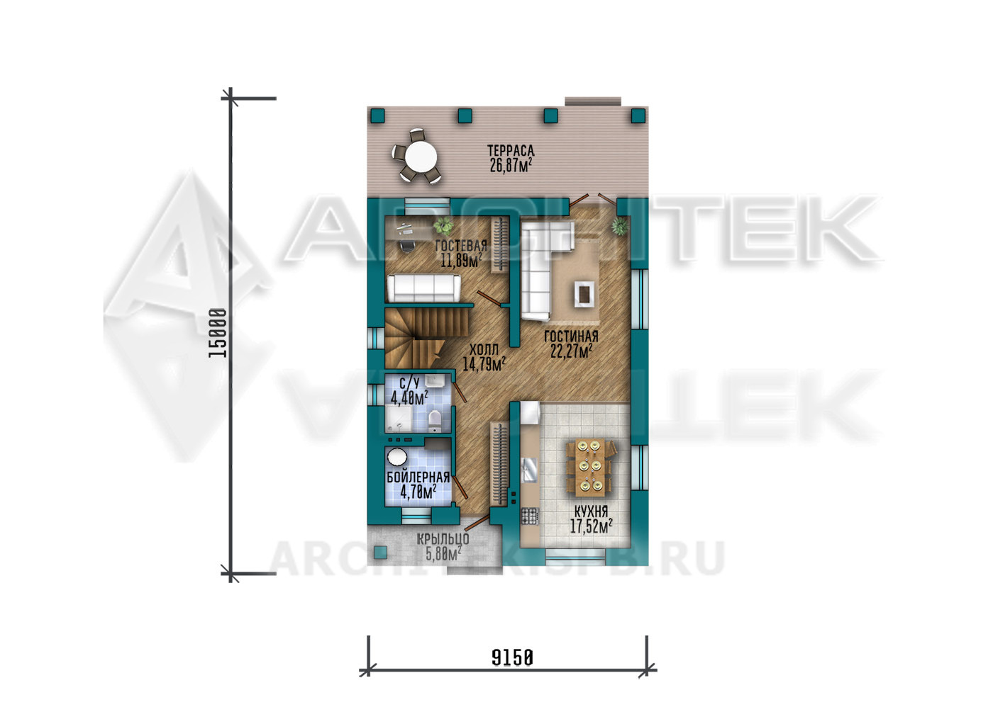 VR-438-P/1 Проект 2х-этажного дома из пеноблоков с балконом и террасой 9.15х15.6