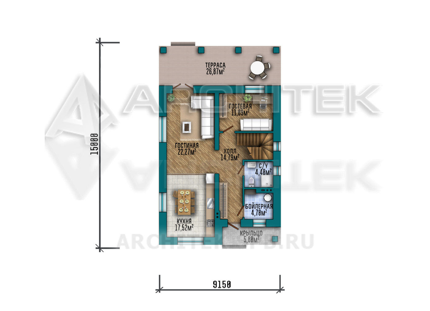 VR-438-P Проект двухэтажного дома из газобетона с балконом и террасой 9.15х15.6