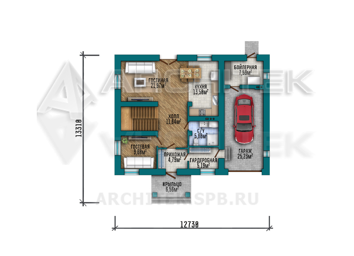 VR-442-P/1 Проект простого 2х-этажного дома из пеноблоков с гаражом 13.8х13.3