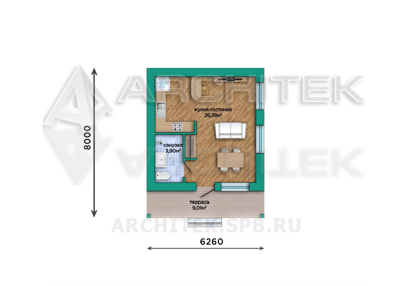 VR-444-P/1 Проект компактного гостевого домика с террасой 6х8