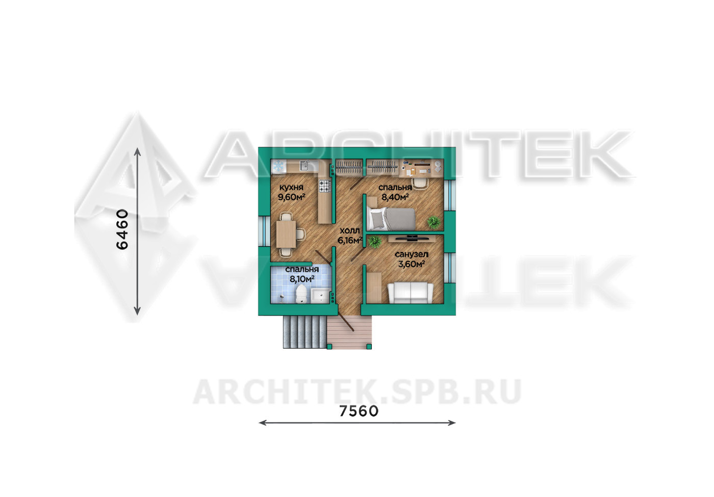 VR-470-P/1 Проект маленького коттеджа 38 м² из пеноблоков 7.5х7.7