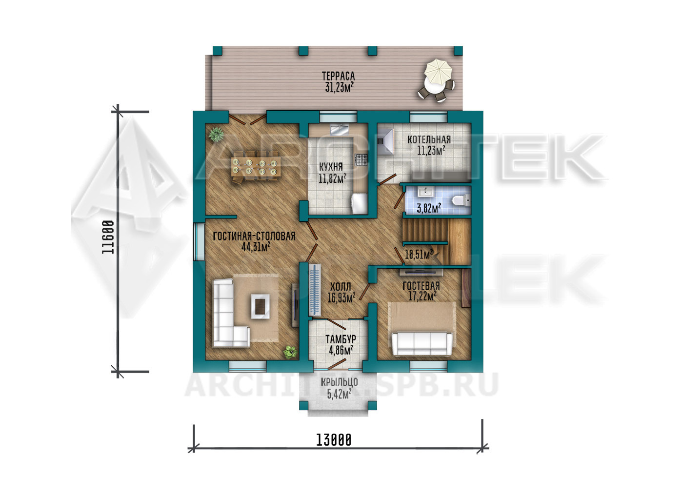 VR-482-P Проект загородного двухэтажного коттеджа 17×13.4 из газобетона с верандой