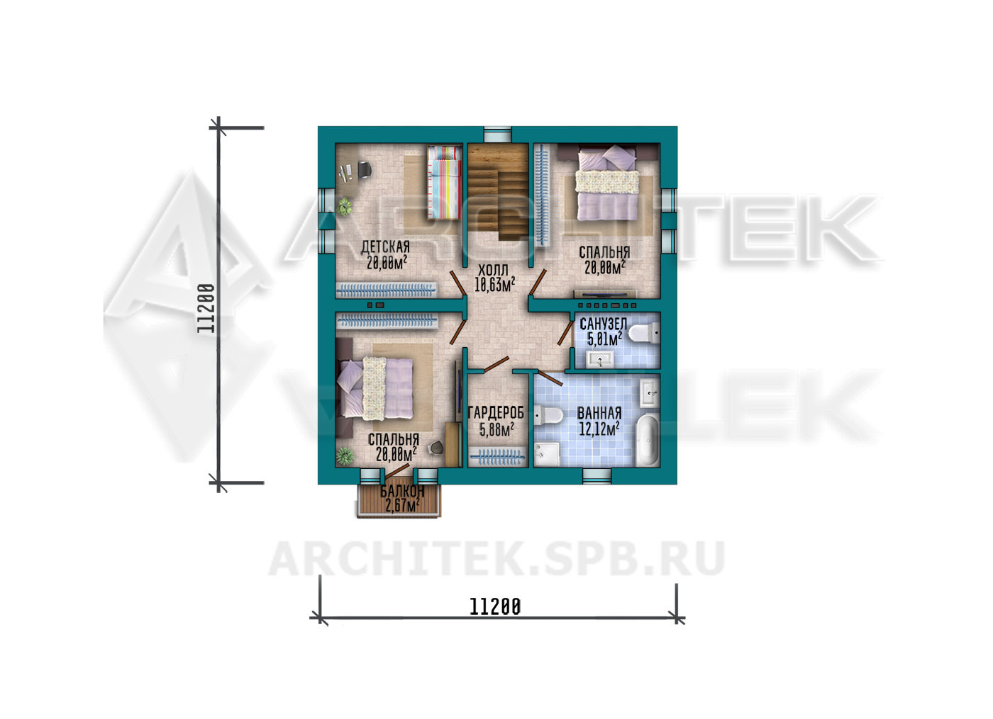 VR-483-P/1 Проект простого дома из пеноблоков 11×11 с мансардой и балконом