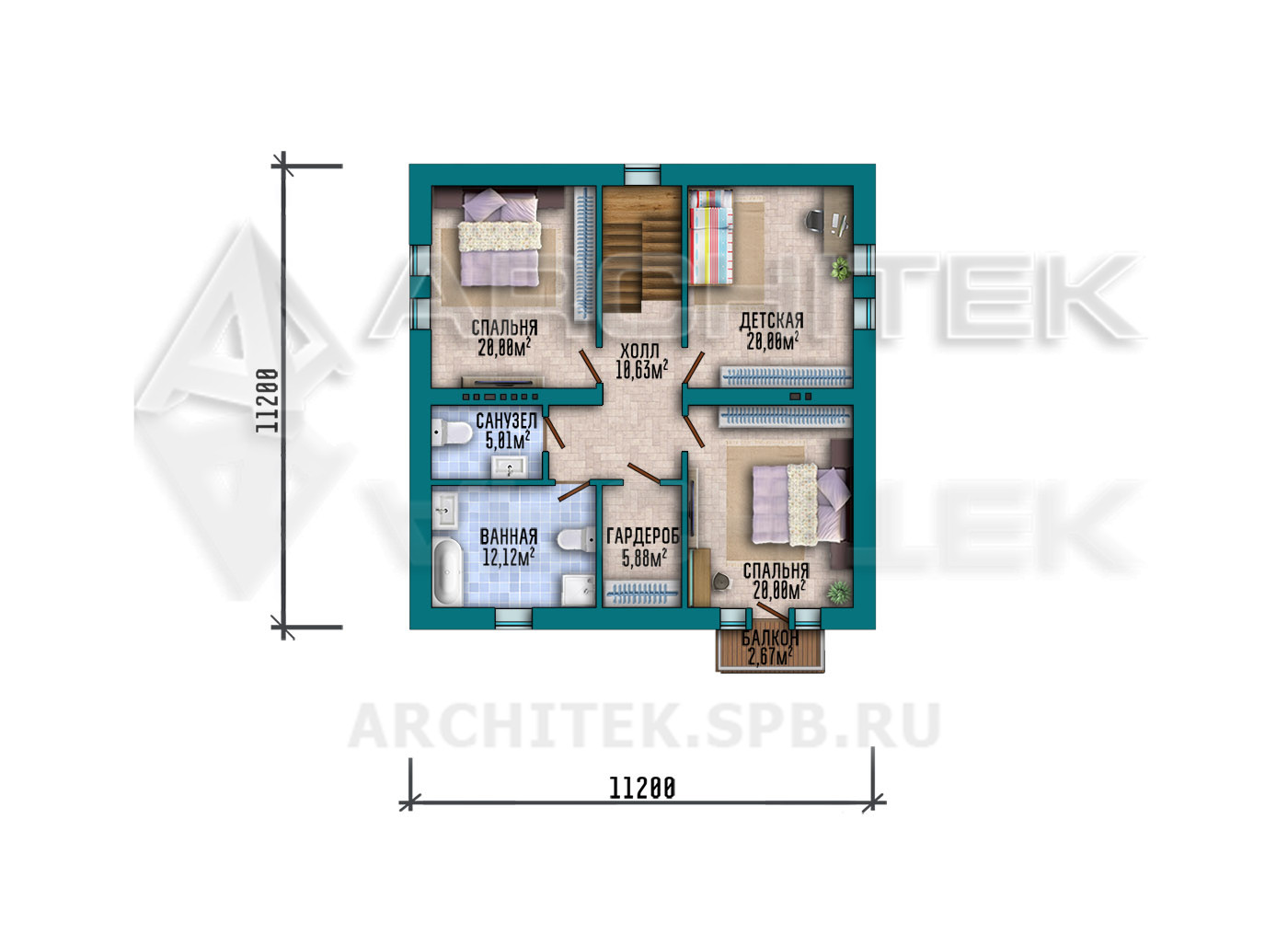 VR-483-P Проект простого дома из газобетона 11×11 с мансардой и балконом