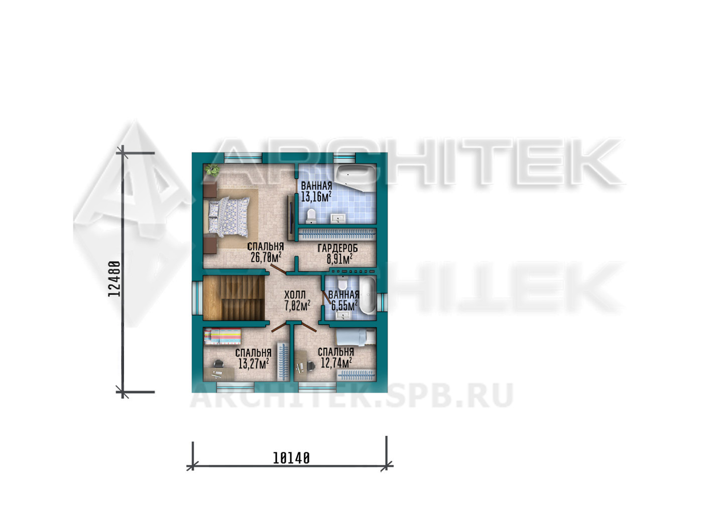 VR-484-P/1 Проект двухэтажного простого дома из пеноблоков с большой террасой и гаражом 17.5×17.3