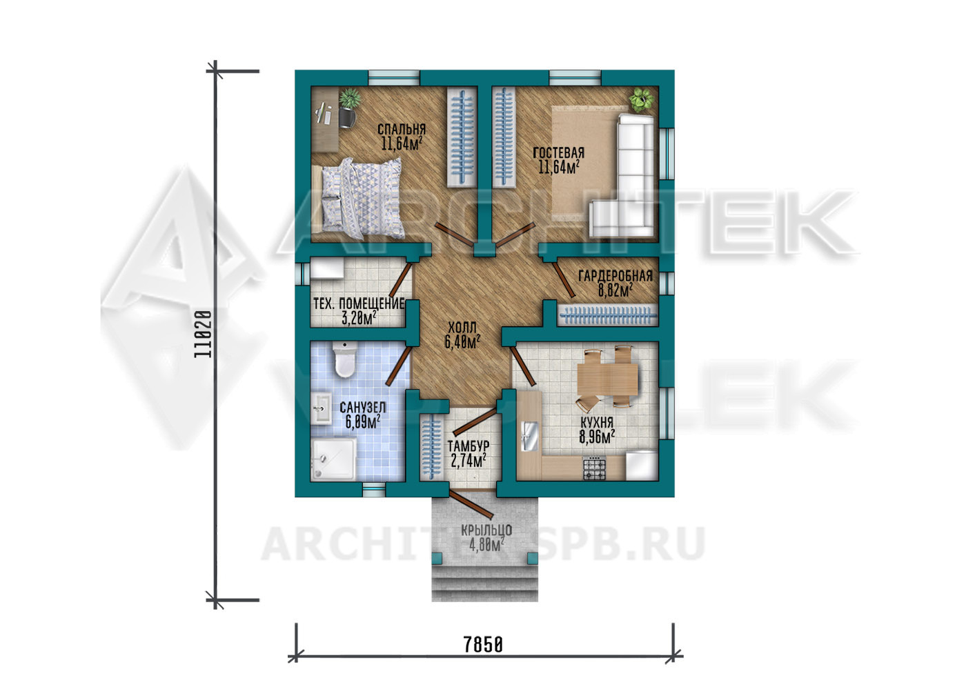 VR-488-P Проект 1-этажного дома 56 м² из газобетона 8х11