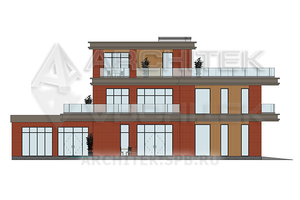 VR-490-P/1 Проект трехэтажного дома из газобетона с плоской крышей, бассейном, гаражом, сауной, террасой, вторым светом 24х19