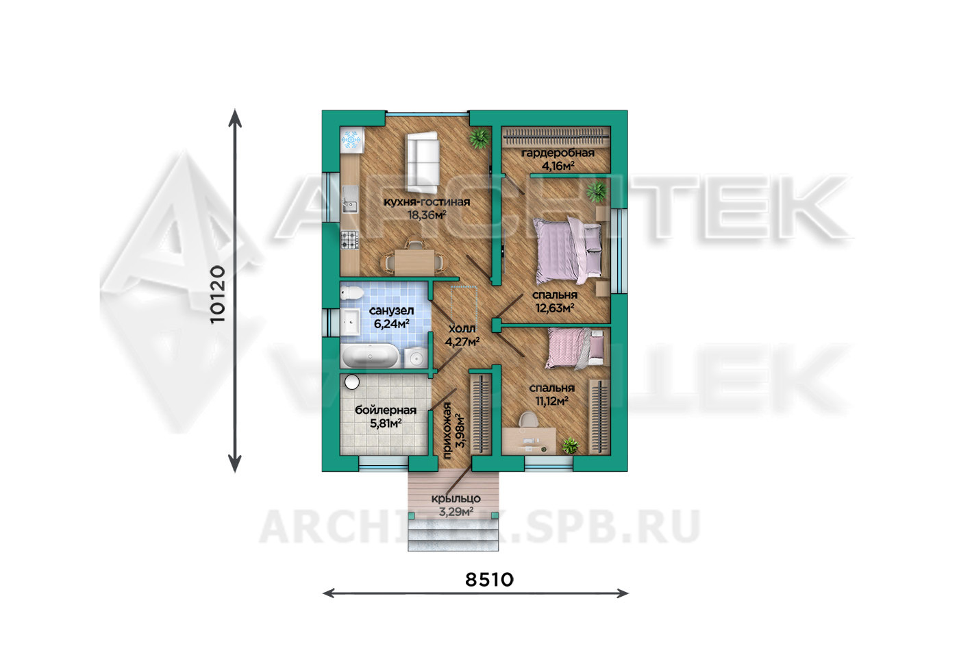 VR-518-P Проект маленького коттеджа 65 м² из газобетонных блоков 8.5х10