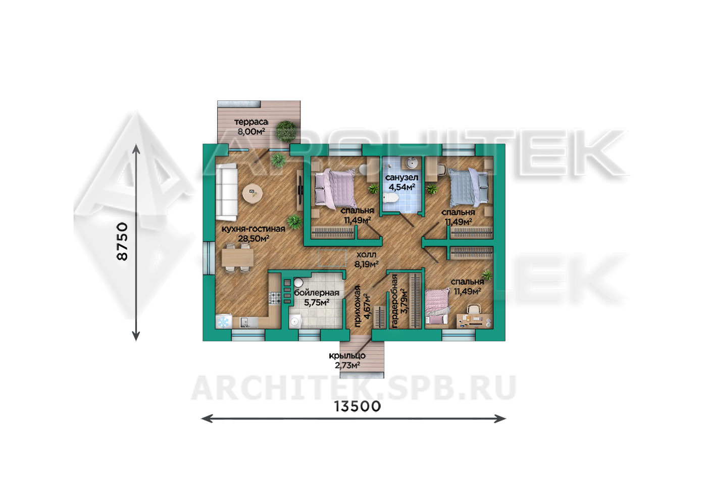VR-521-P/1 Проект одноэтажного дома 90 м² из пеноблоков 13.5х8.75 с террасой