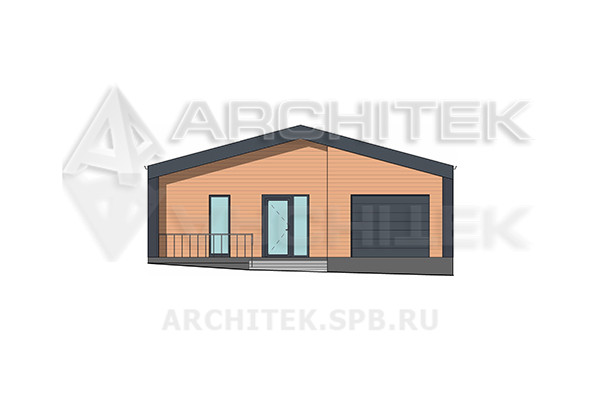 VR-539-P/1 Готовый проект компактного современного 1-этажного коттеджа в стиле барнхаус из пеноблоков с гаражом и террасой 20.9×11.7