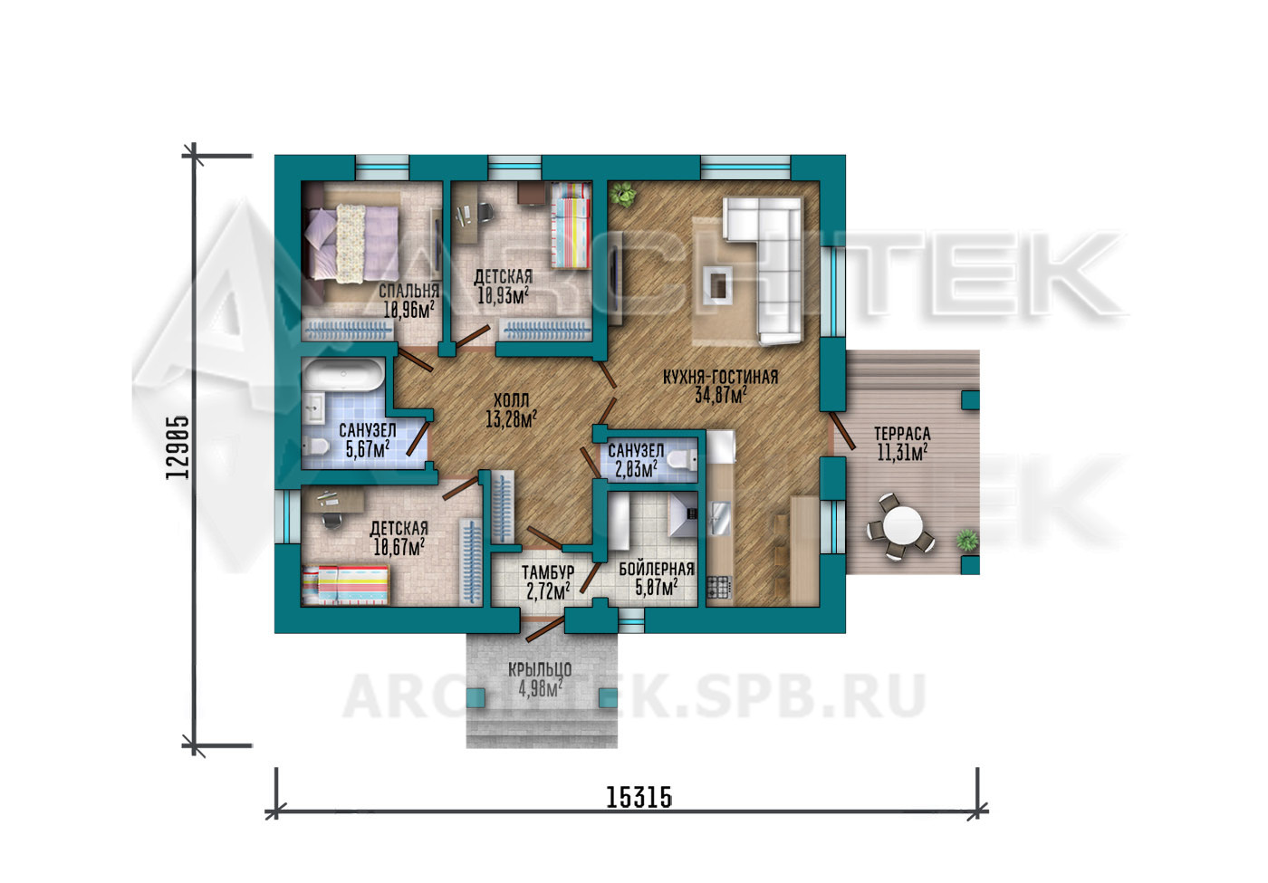 VR-540-P/1 Готовый проект простого загородного 1-этажного коттеджа из газобетонных блоков с террасой 15.3×12.9