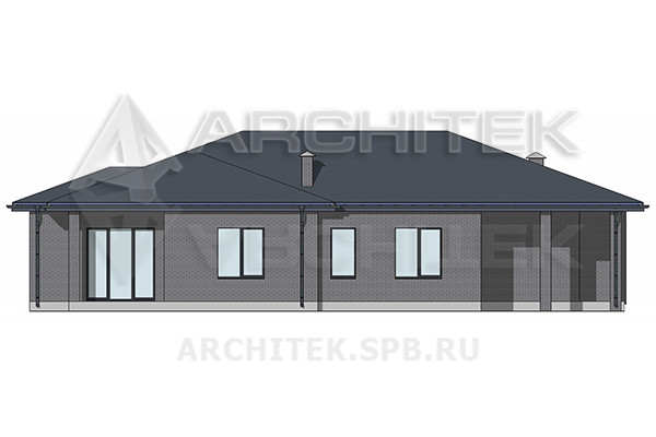 VR-545-K/1 Готовый проект одноэтажного кирпичного дома 14×21.4 с террасой и гаражом-навесом