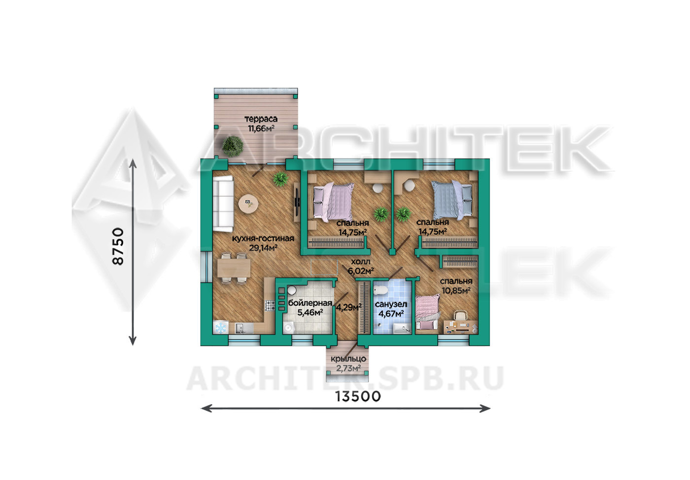 VR-559-P Проект простого одноэтажного коттеджа 90 м² из газобетонных блоков с террасой 13.5х11.8