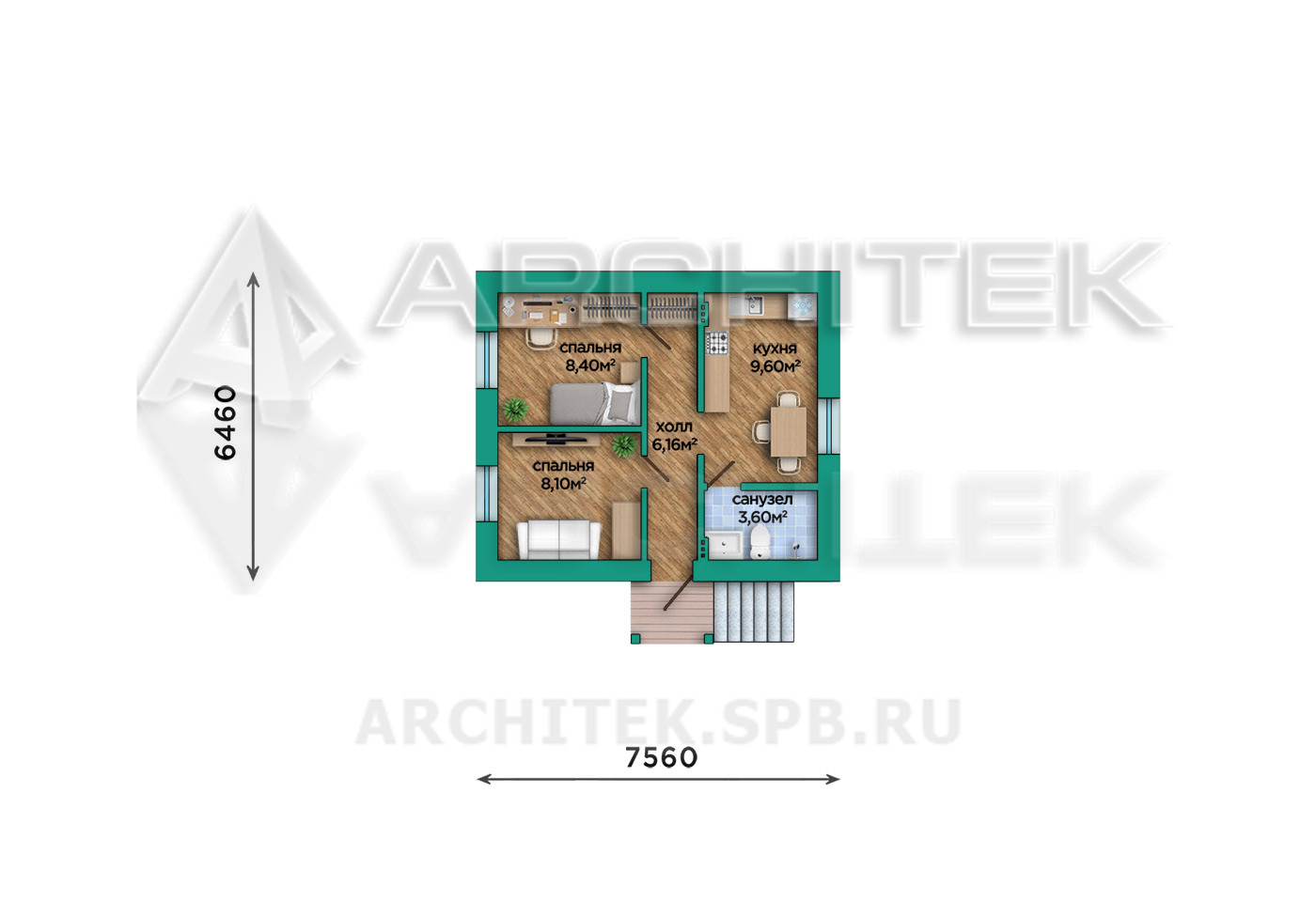 VR-560-P Проект маленького 1-этажного домика 38 м² из газобетонных блоков 7.56х7.76
