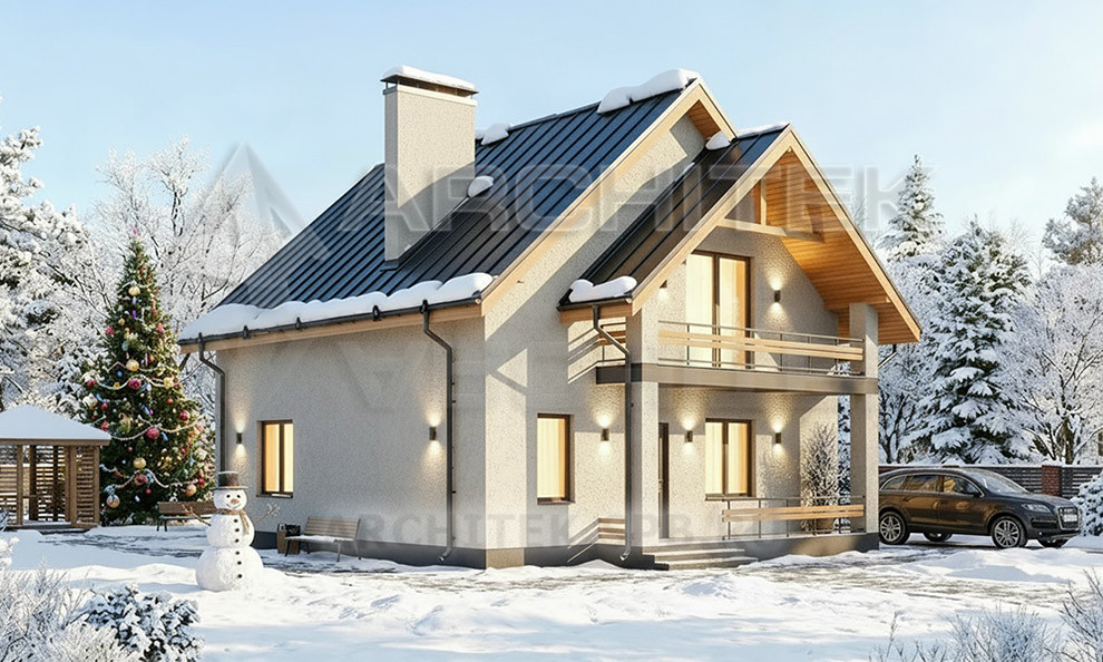 VR-562-K Готовый проект компактного простого кирпичного дома с мансардой, террасой, балконом 9х10.7