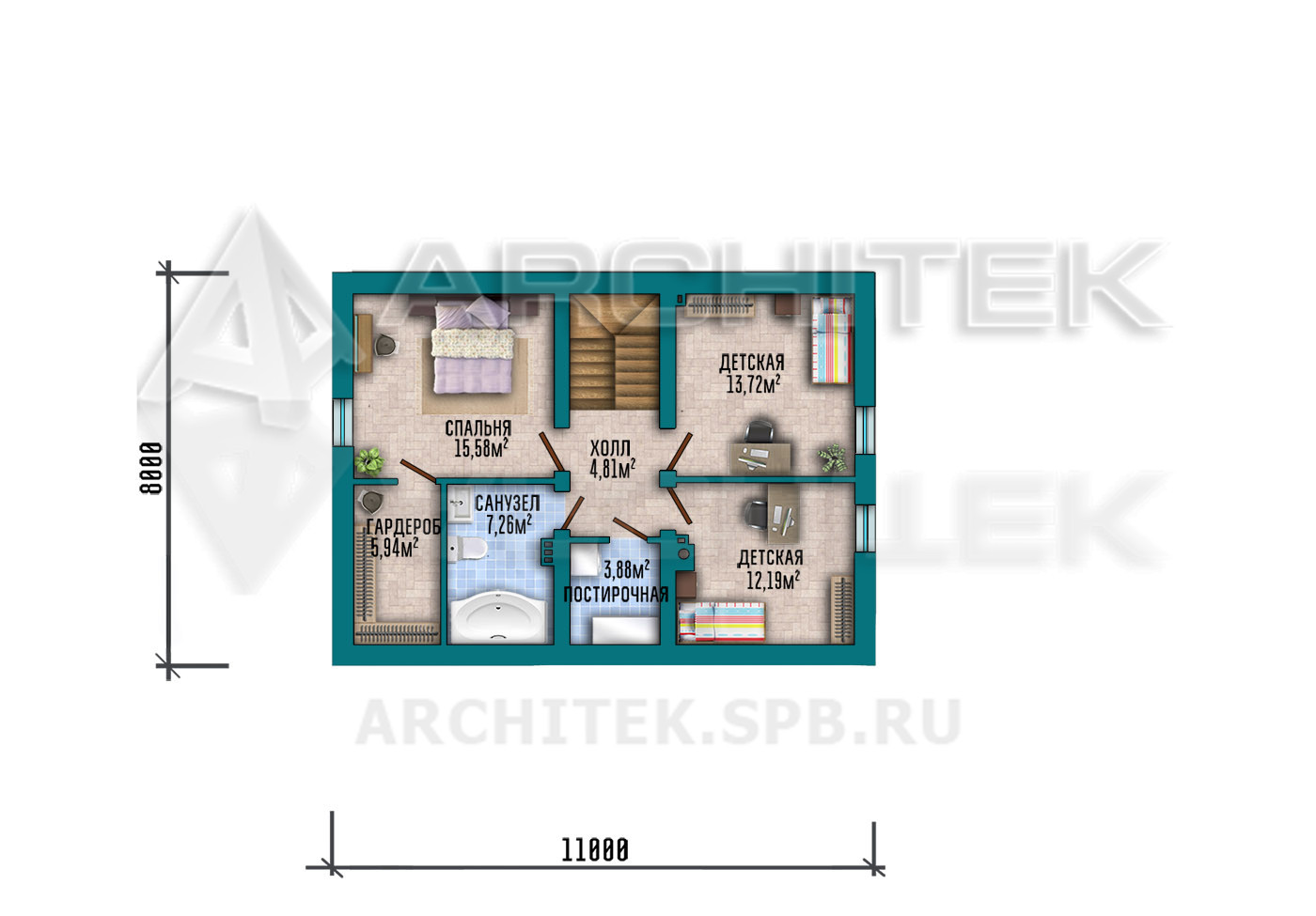 VR-564-P/1 Готовый проект современного дома из газобетонных блоков с мансардой, террасой, автомобильным навесом 15.8×11