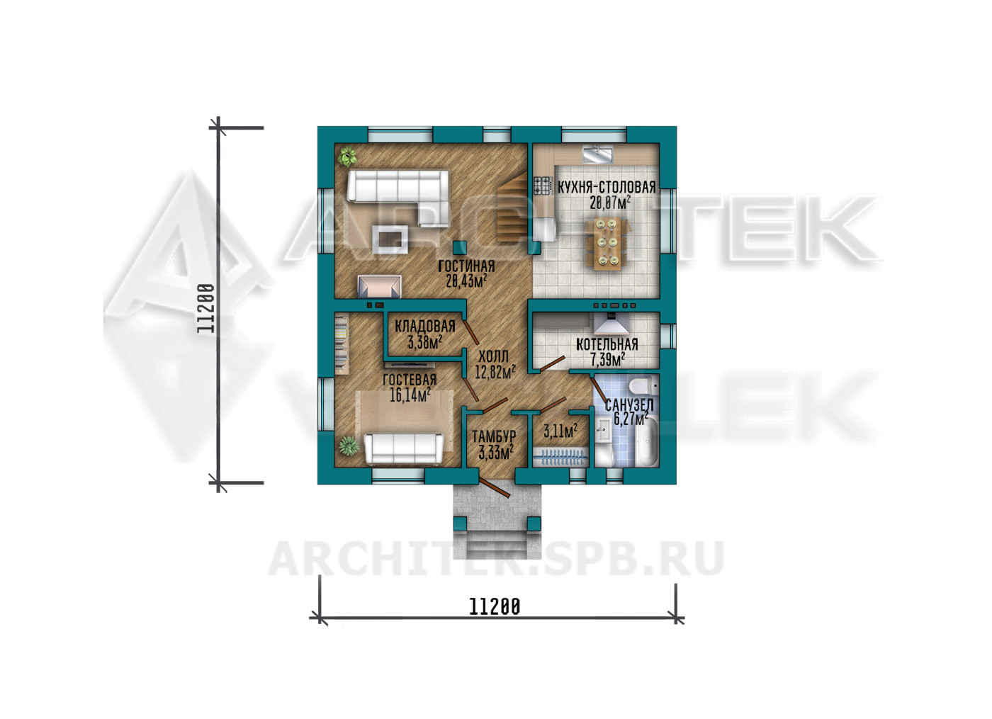 VR-567-P/1 Проект простого дома из пеноблоков с мансардным этажом и балконом 11×11